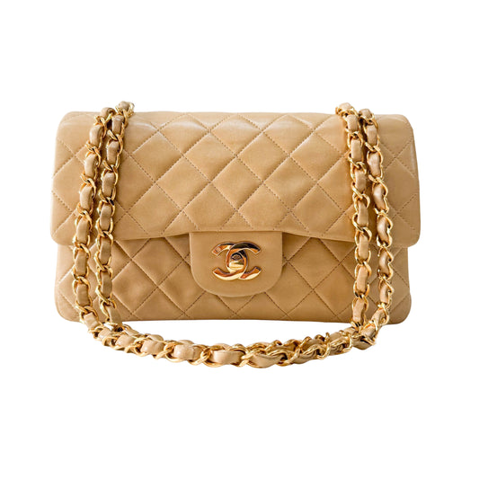 Timeless Classic Double Flap Beige Lamskin Chain Shoulder Bag 23