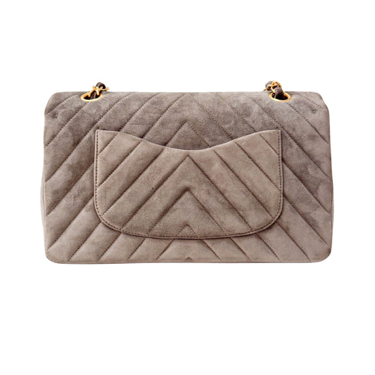 Timeless Classic Double Flap Chevron Grey Suede Chain Shoulder Bag