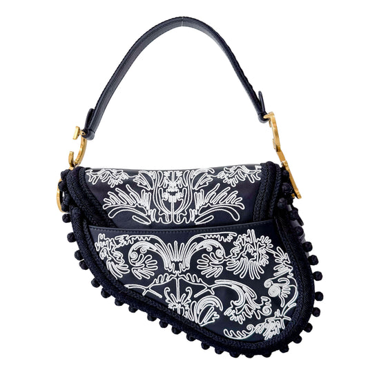 Rare Black Leather Embroidered Shoulder Bag