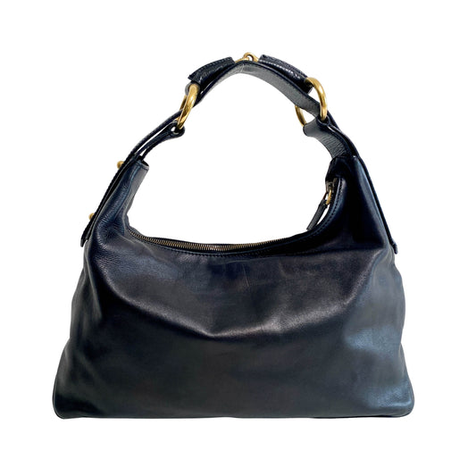 Horsebit Black Leather Hobo Shoulder Bag