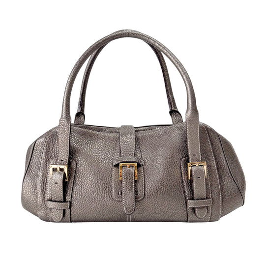 Grey Leather Boston Shoulder Bag