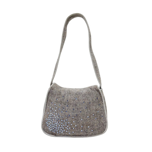 Grey Wool Rhinestone Shoulder Bag