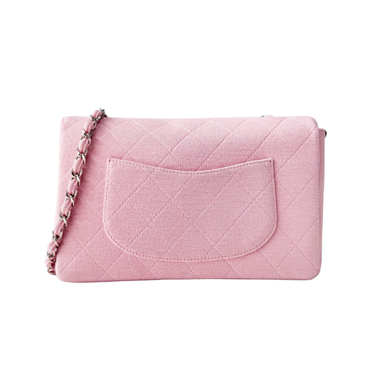 Timeless Classic Pink Cotton Single Flap Silver Chain Shoulder Bag