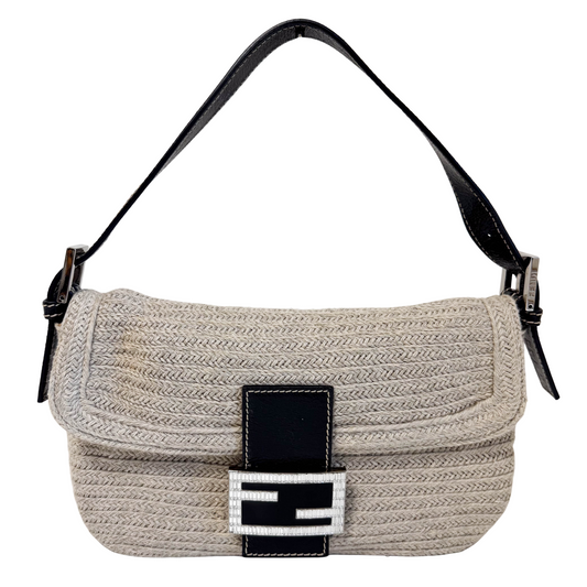 Mamma Baguette Beige Cotton Rhinestone Hardware Shoulder Bag