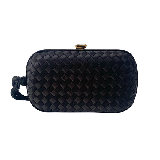 Intrecciato Black Satin Mini Clutch Bag