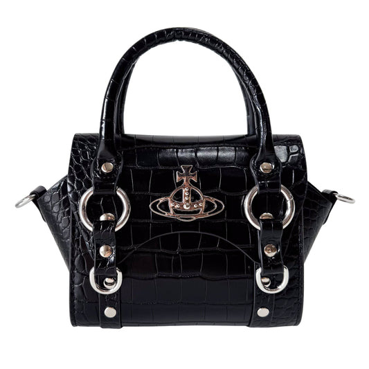 Croc Embossed Black Leather Chain Shoulder Bag