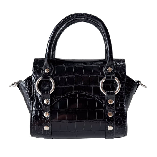 Croc Embossed Black Leather Chain Shoulder Bag