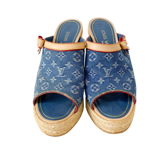 Monogram Denim and Straw Mule Sandals