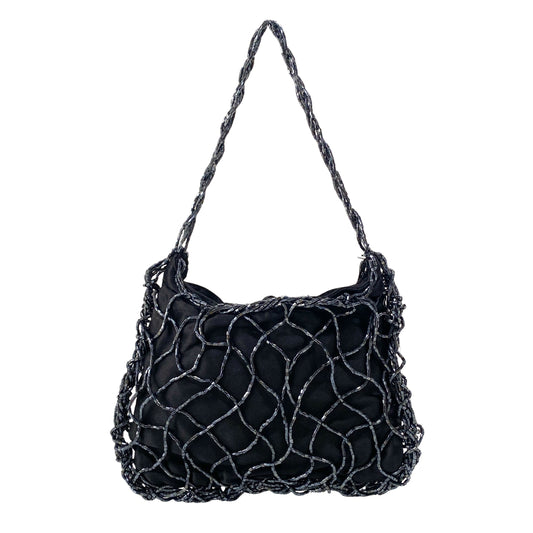 Mini Black Satin and Beads Handbag