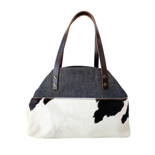 Multi Colour Cow Print Pony Hair & Denim Bag