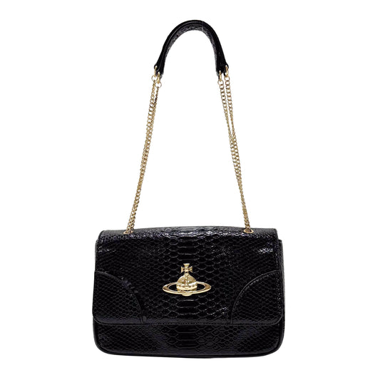 Anglomania Orb Black Croc Embossed Leather Shoulder Bag