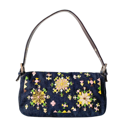 Limited Edition Embroidered Denim Baguette Shoulder Bag