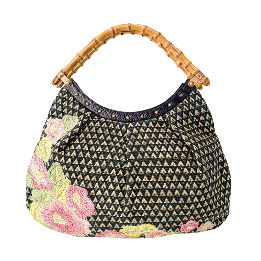 Bamboo Raffia Flower Embroidered Shoulder Bag