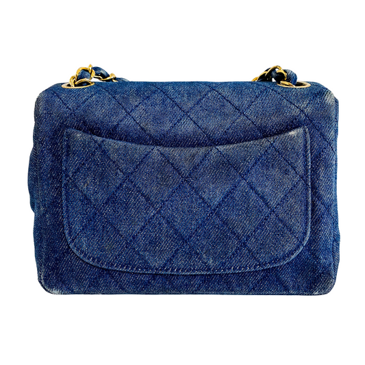 Blue Quilted Denim Mini Square Classic Single Flap Gold Hardware, 1989-1991