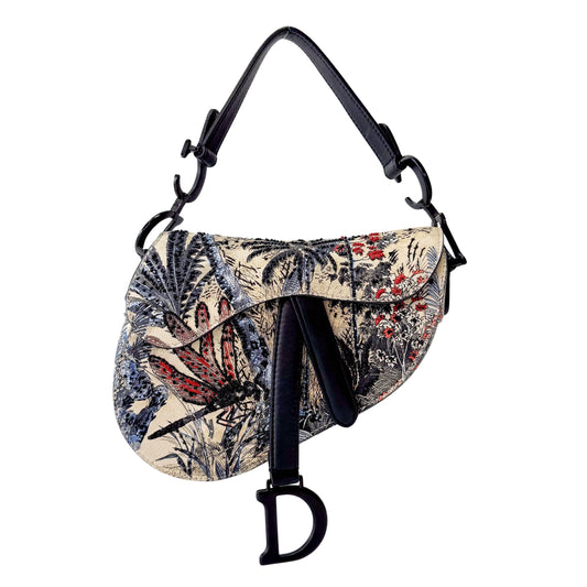 2019 Multicolor Beaded Toile de Jouy Tropicalia Print Calfskin Mini Saddle Bag