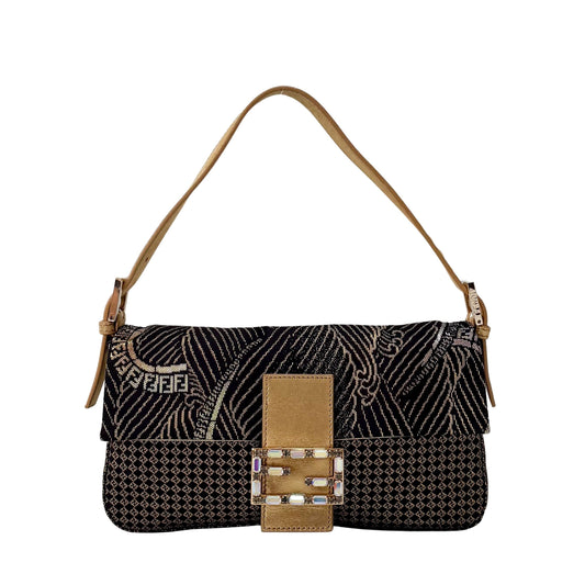 Baguette Black Canvas Rhinestone Shoulder Bag