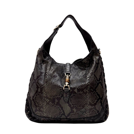 New Jackie Dark Green Python Embossed Leather  Two Way Tote Bag