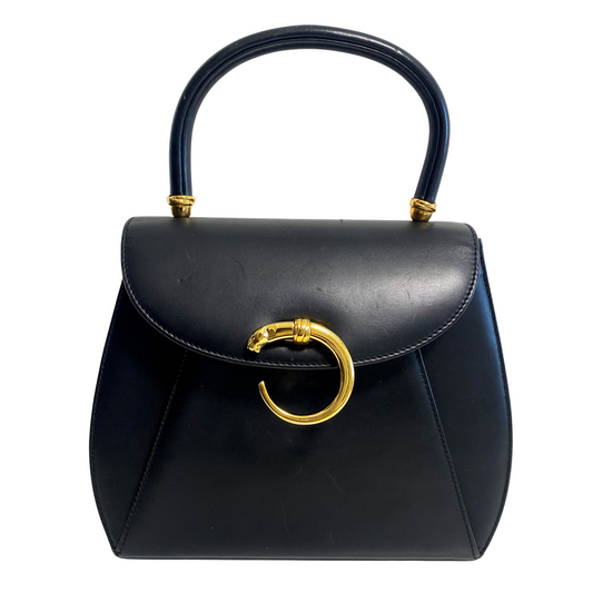 Panthère de Cartier Black Leather Top Handle Bag Gold Hardware