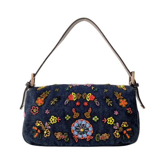 Baguette Blue Denim Beaded Shoulder Bag