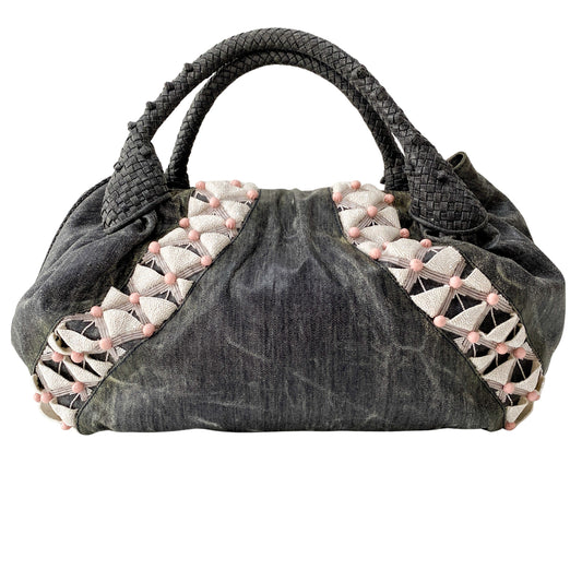 Spy Grey Spalmati Coated Canvas Embroidered Beads Shoulder Bag