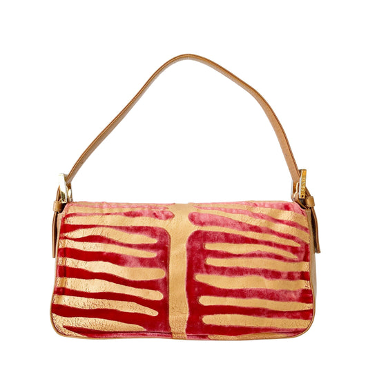 Baguette Red Tiger Gold Zebra Pattern Leather / Velvet Shoulder Bag