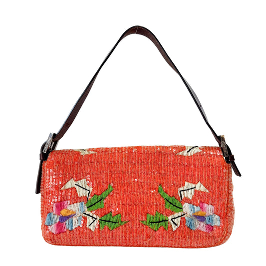 Baguette Orange Cotton & Sequin Embroidery Bag
