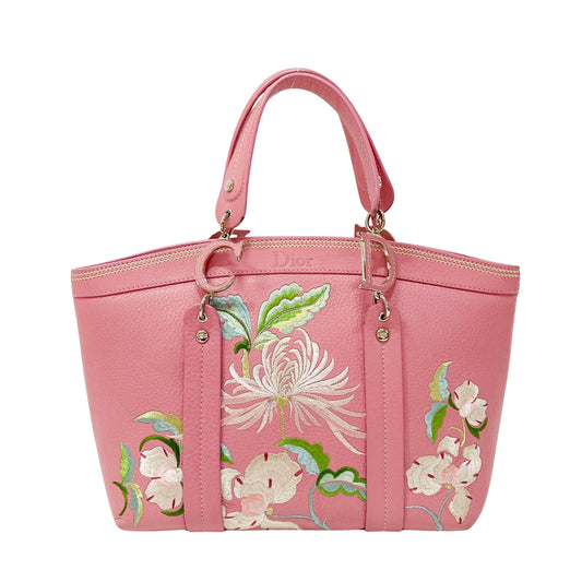 Pink Floral Embroidery Grained Calfskin Leather Hand Bag