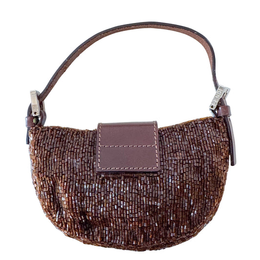 Mini Croissant Brown Beaded Bag