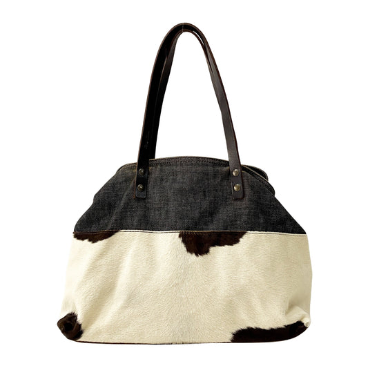 Cow Print Pony Hair & Blue Denim Shoulder Bag
