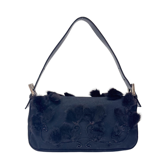 Baguette Black Neoprene Fur Rhinestone Hardware Shoulder Bag