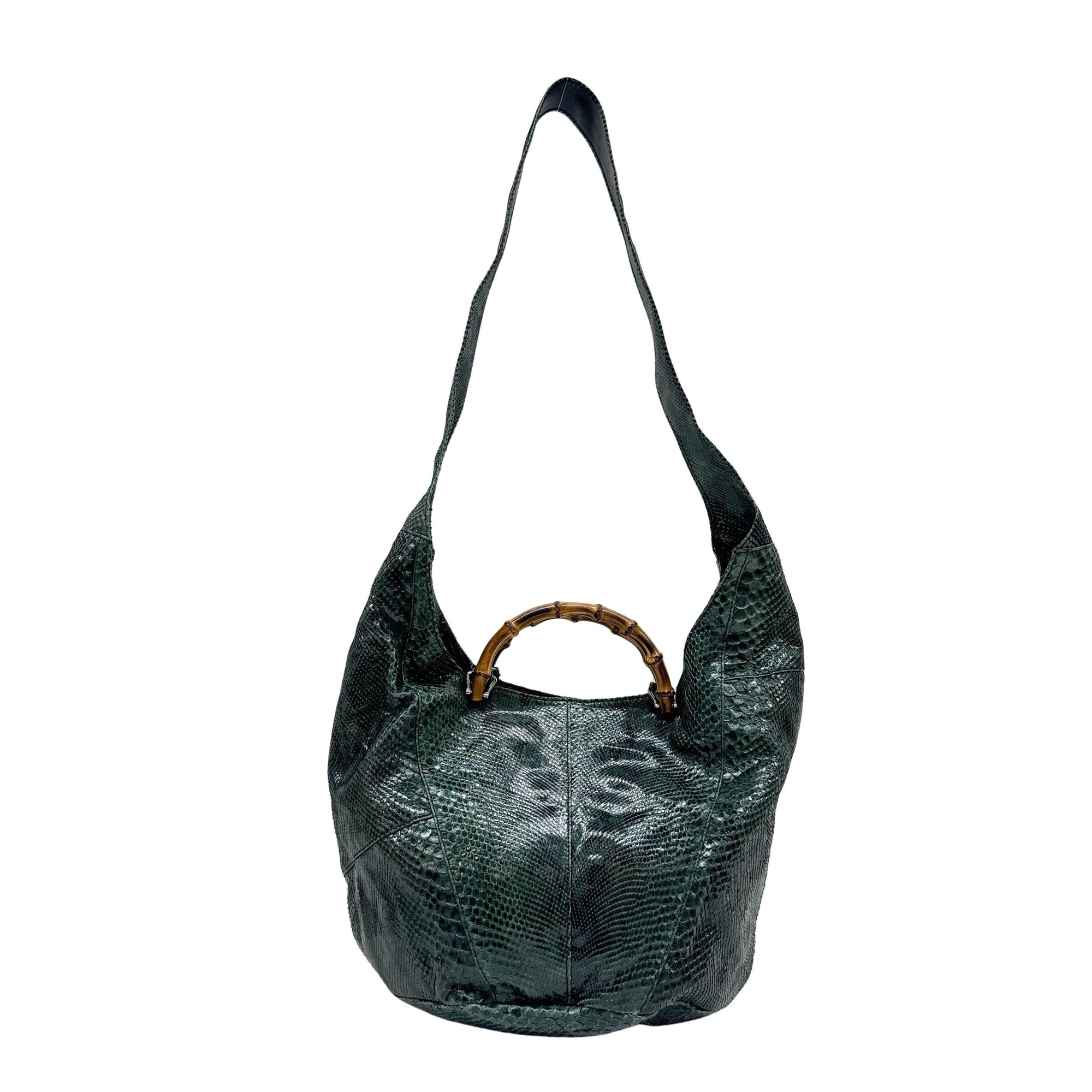 Bamboo Green Python Embossed Leather Two Way Bag