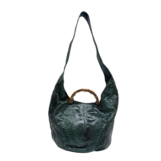 Bamboo Green Python Embossed Leather Two Way Bag