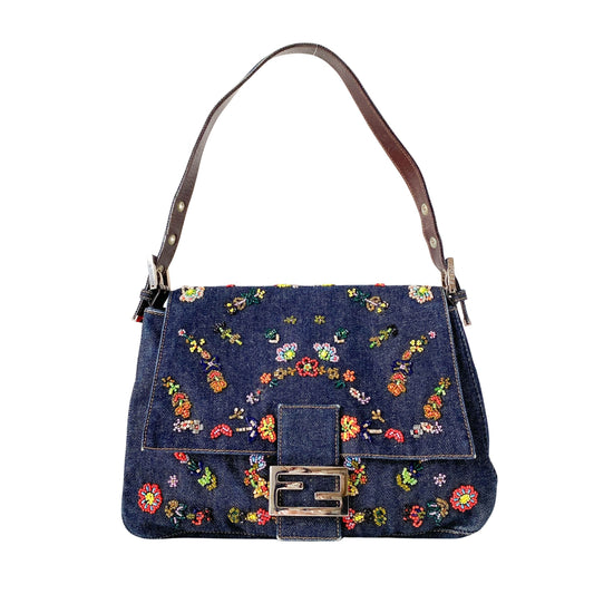 Mamma Baguette Embroidered Blue Denim Shoulder Bag