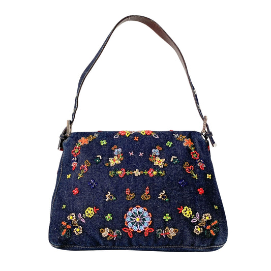 Mamma Baguette Embroidered Blue Denim Shoulder Bag