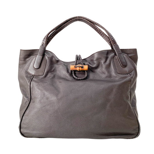 Dark Brown Grained Calfskin Leather Tote Bag
