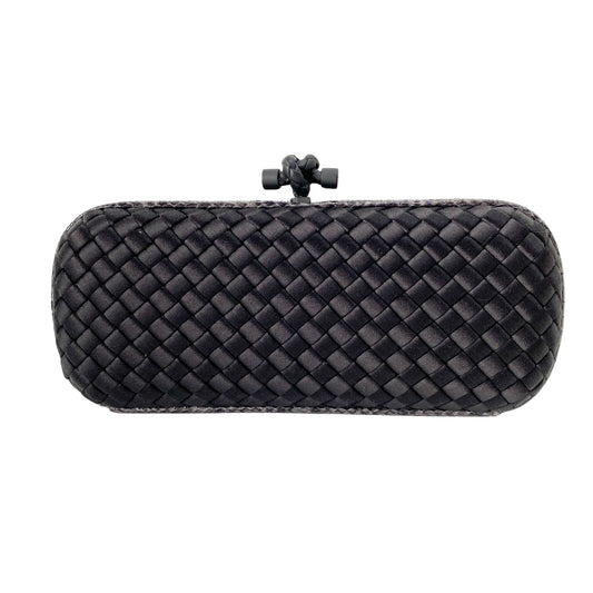 Knot Intrecciato Black Satin & Lizard Embossed Leather Clutch Bag