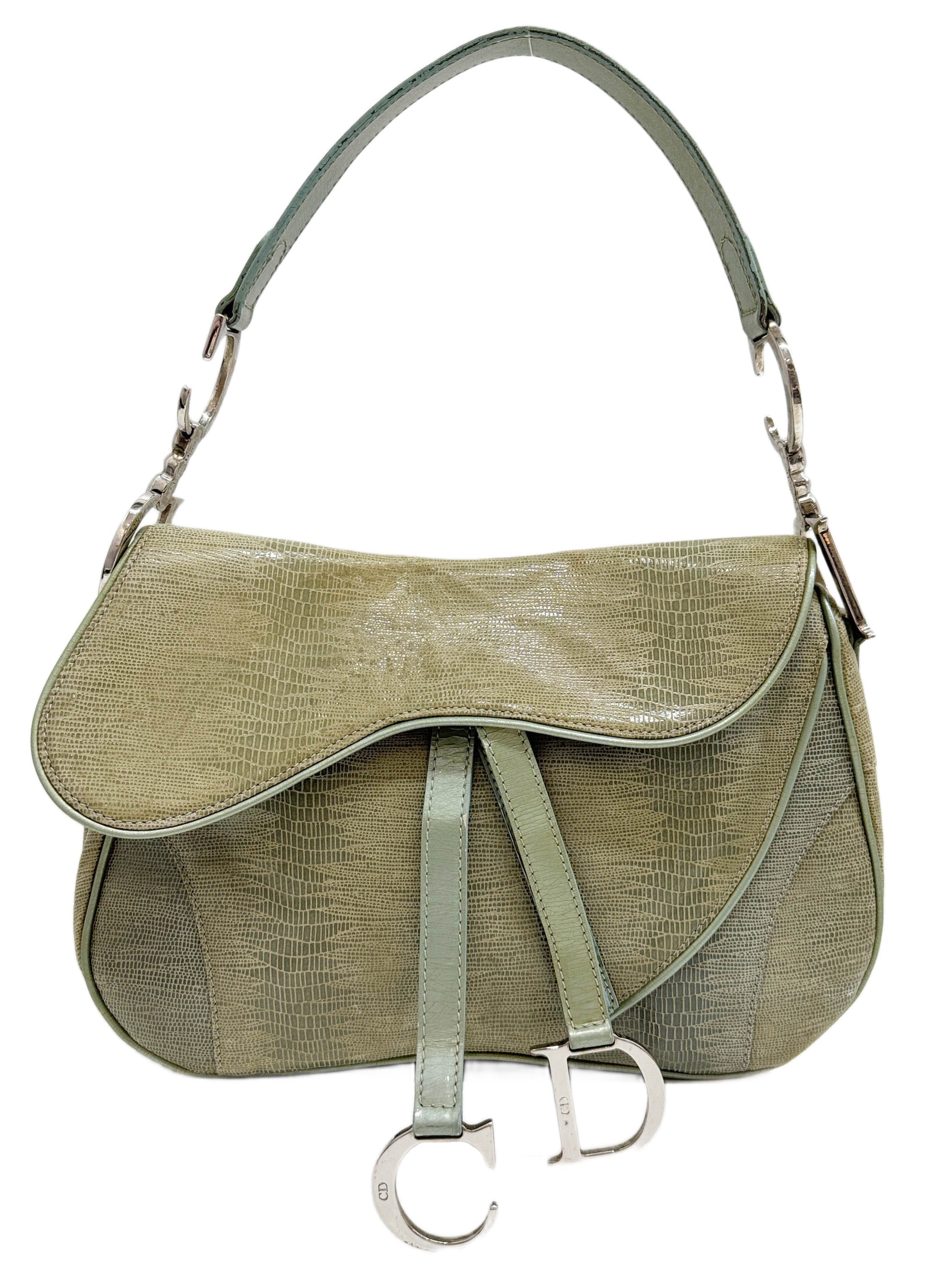 Double Saddle Green Lizard Shoulder Bag