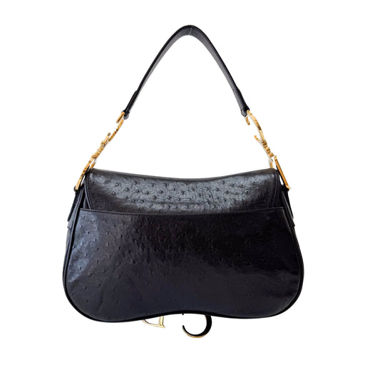 Double Saddle Ostrich Black Leather Shoulder Bag