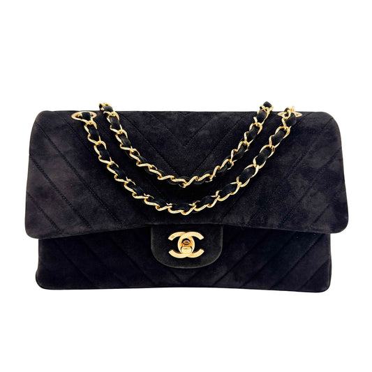 Classic Double Flap 1989-1991 Chevron Black Suede Shoulder Bag
