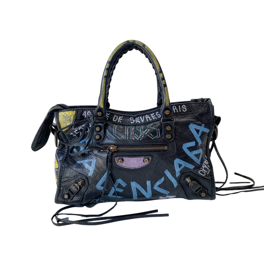 Graffiti The City Black Leather Hand Bag