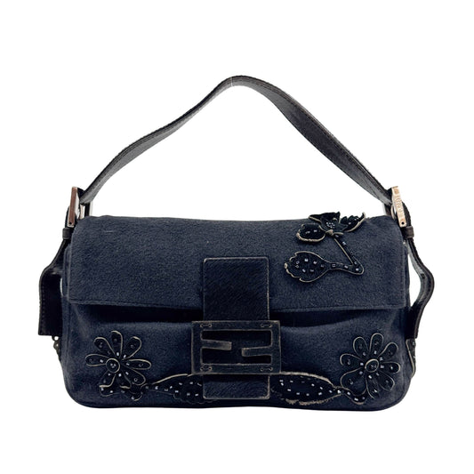 Baguette Floral Pony Hair Applique Gray Wool Shoulder Bag