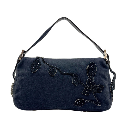 Baguette Floral Pony Hair Applique Gray Wool Shoulder Bag