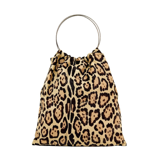 Metal Circular Handle Brown Jaguar Print Pony Hair Hand Bag