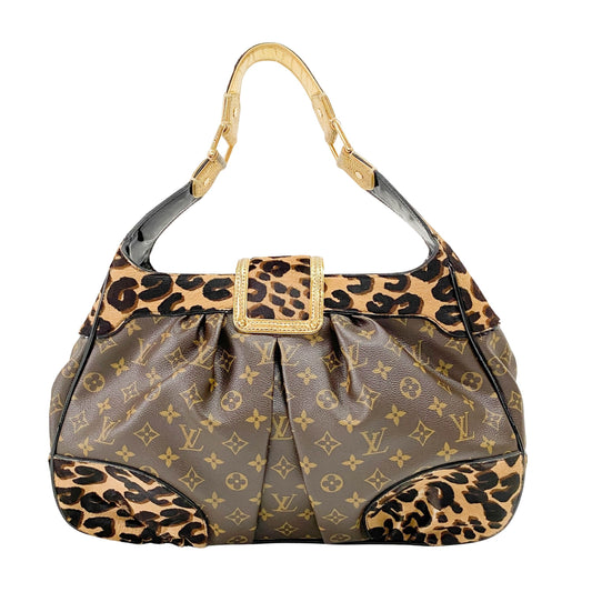 Polly Brown Monogram Pony Hair Leopard Print Shoulder Bag