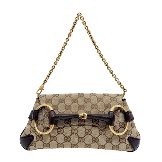 Horsebit Tan Beige GG Canvas Chain Shoulder Bag