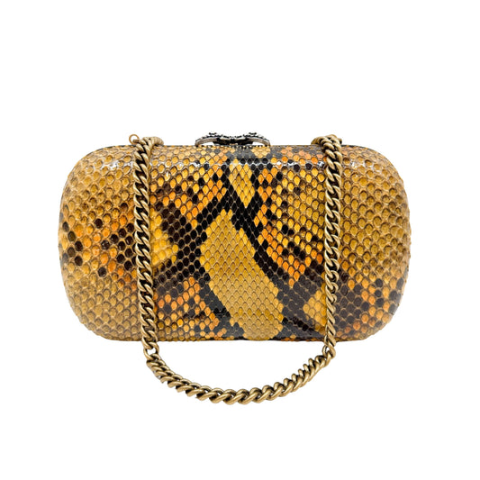 Rhinestone Butterfly Lock Black & Yellow Python Print Embossed Leather Crossbody Bag