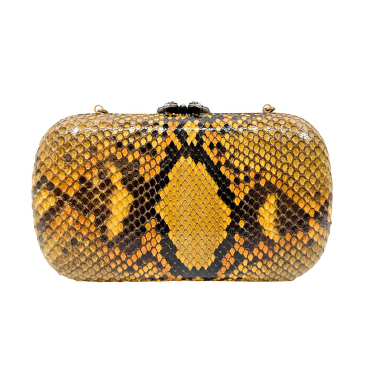 Rhinestone Butterfly Lock Black & Yellow Python Print Embossed Leather Crossbody Bag