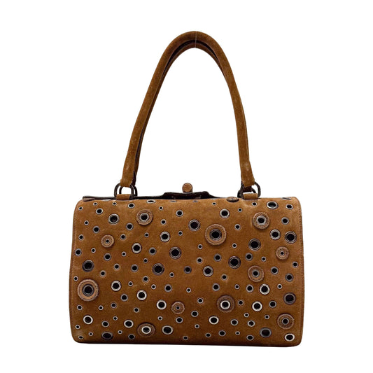Grommet Frame Brown Suede Shoulder Bag