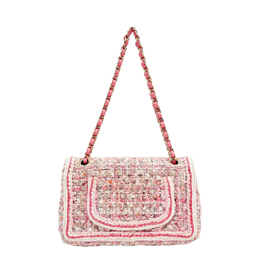 Classic Double Flap Pink Tweed Shoulder Bag