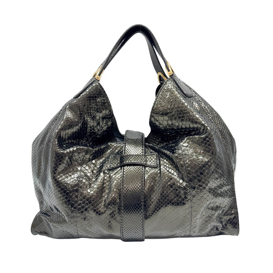 Stirrup Dark Bronze Python Embossed Leather Hobo Shoulder Bag